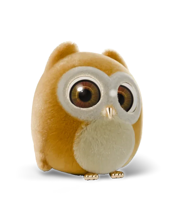 A plush owl companion in a honey coat, wearing a diya crown for Diwali